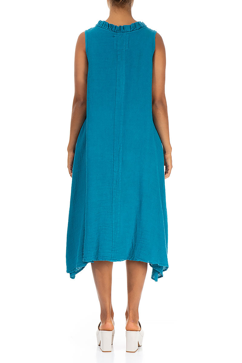 Frilled Sleeveless Ocean Blue Linen Tunic Dress 2
