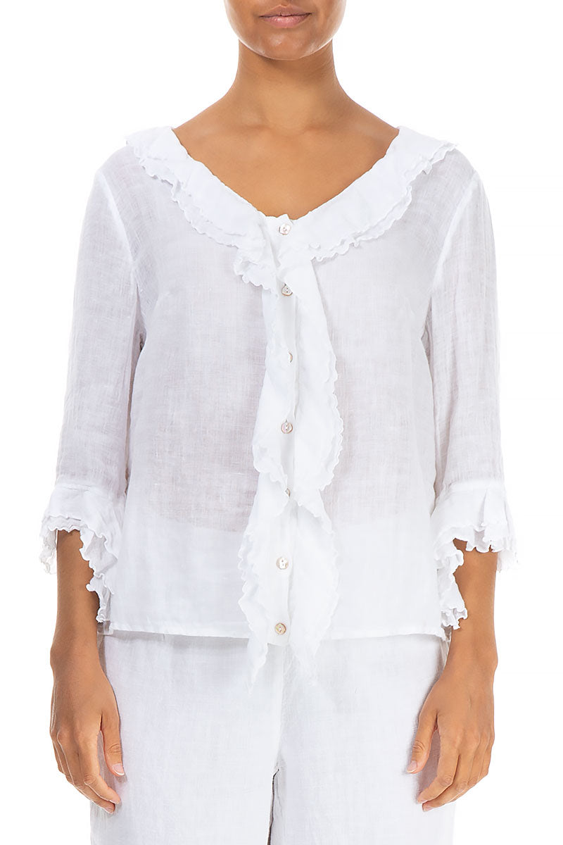 Frilled White Gauze Linen Blouse 1