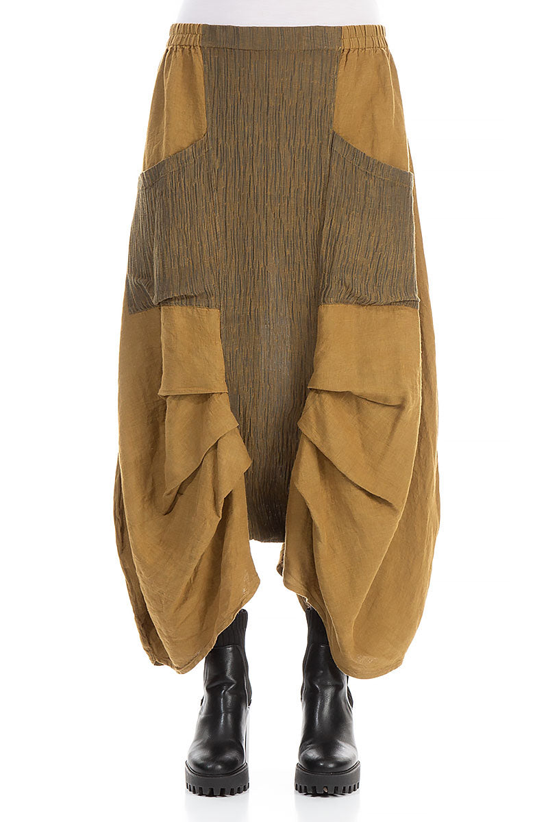 Front Pleats Crinkled Khaki Mustard Midi Trousers 1