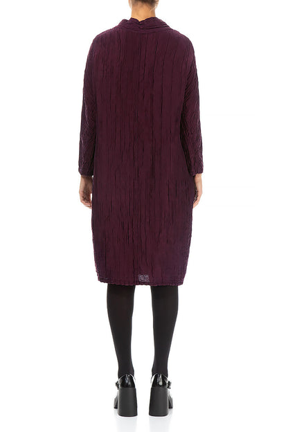 High Neck Aubergine Crinkled Silk Linen Dress 2