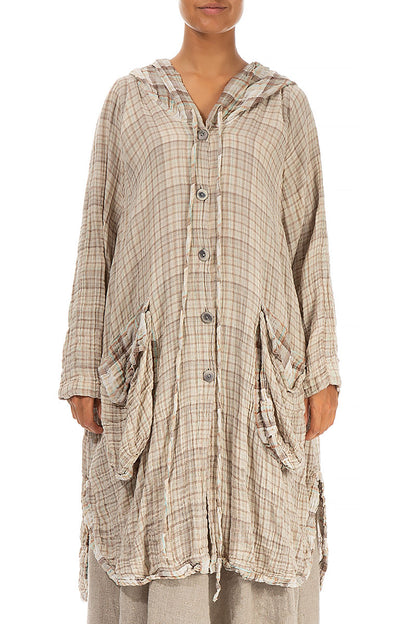 Hooded Oversized Beige Checkered Cotton Jacket 1