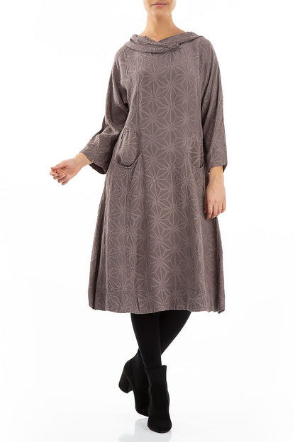 Hooded Textured Mocha Pure Silk Dress 3