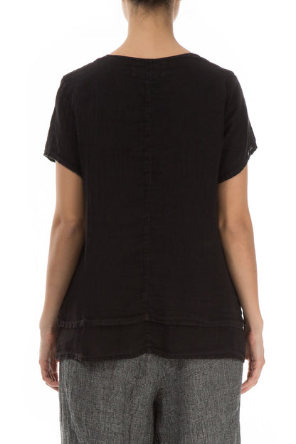 Layered Short Sleeves Black Gauze Linen Blouse 2