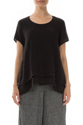 Layered Short Sleeves Black Gauze Linen Blouse 1
