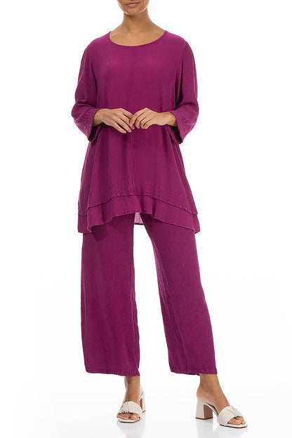 Straight Cropped Orchid Silk Viscose Trousers 4
