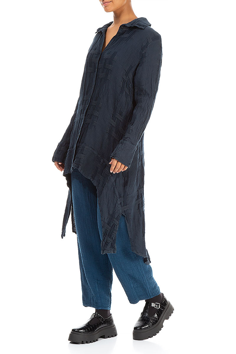 Longer Back Woven Texture Navy Linen Shirt 4