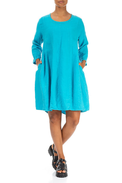 Midi Balloon Bright Turquoise Linen Dress 4