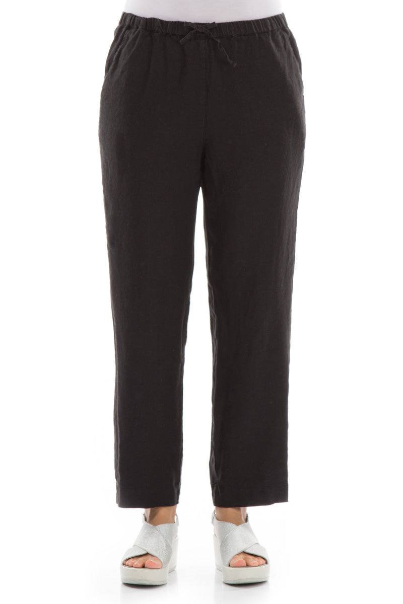 Tie Waist Straight Black Linen Trousers 1