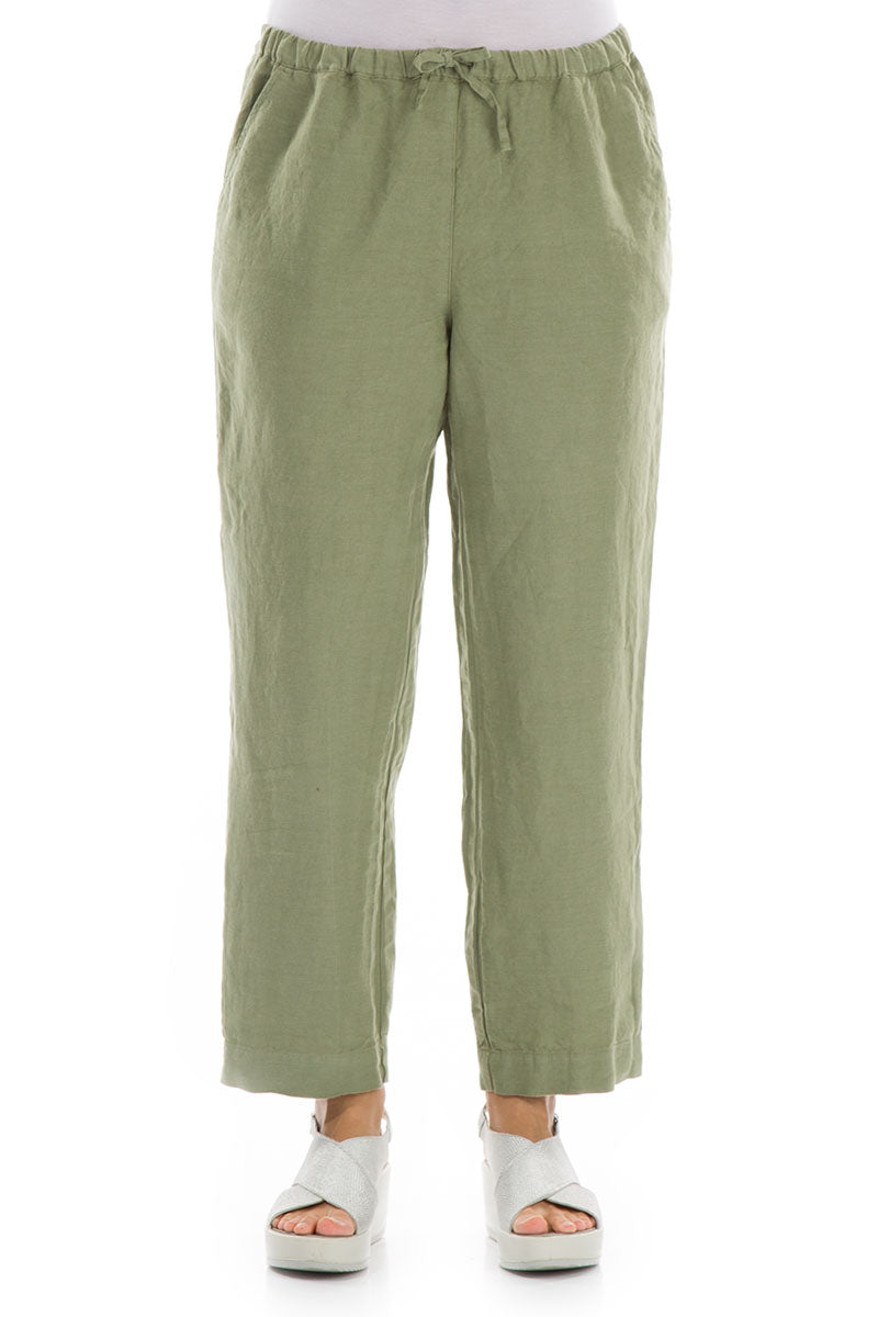 Tie Waist Pure Khaki Linen Trousers 1