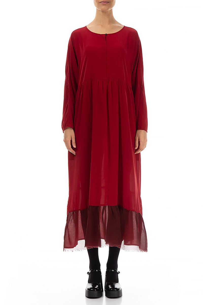 Ruffled Chiffon Hem Red Silk Dress 1