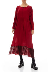 Ruffled Chiffon Hem Red Silk Dress 3
