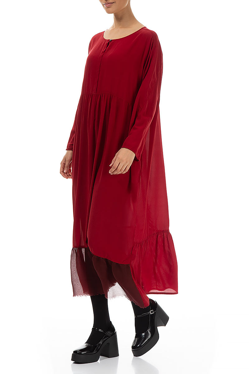Ruffled Chiffon Hem Red Silk Dress 4