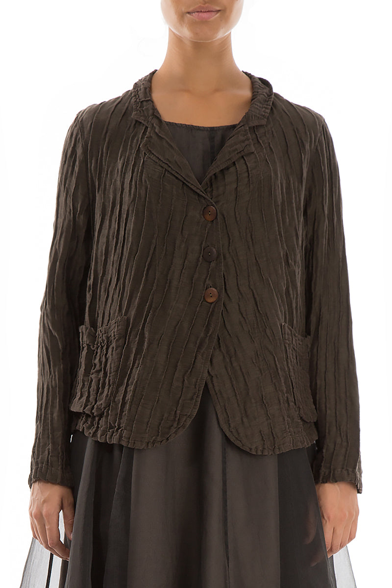 Short Crinkled Chocolate Brown Silk Linen Jacket 1