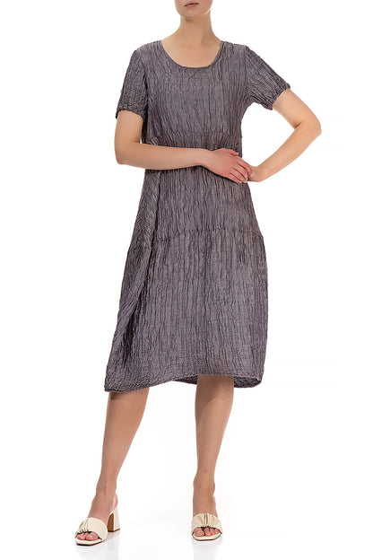 Short Sleeves Balloon Crinkled Amethyst Silk Dress 4