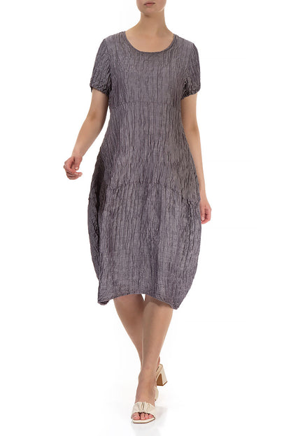 Short Sleeves Balloon Crinkled Amethyst Silk Dress 3
