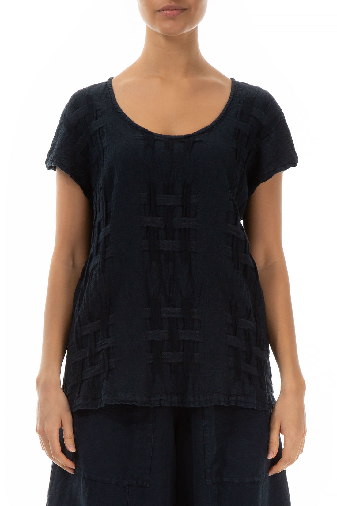 Short Sleeves Checkered Texture Midnight Blue Linen Top 1