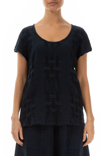 Short Sleeves Checkered Texture Midnight Blue Linen Top 1