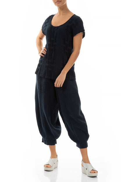 Short Sleeves Checkered Texture Midnight Blue Linen Top 4