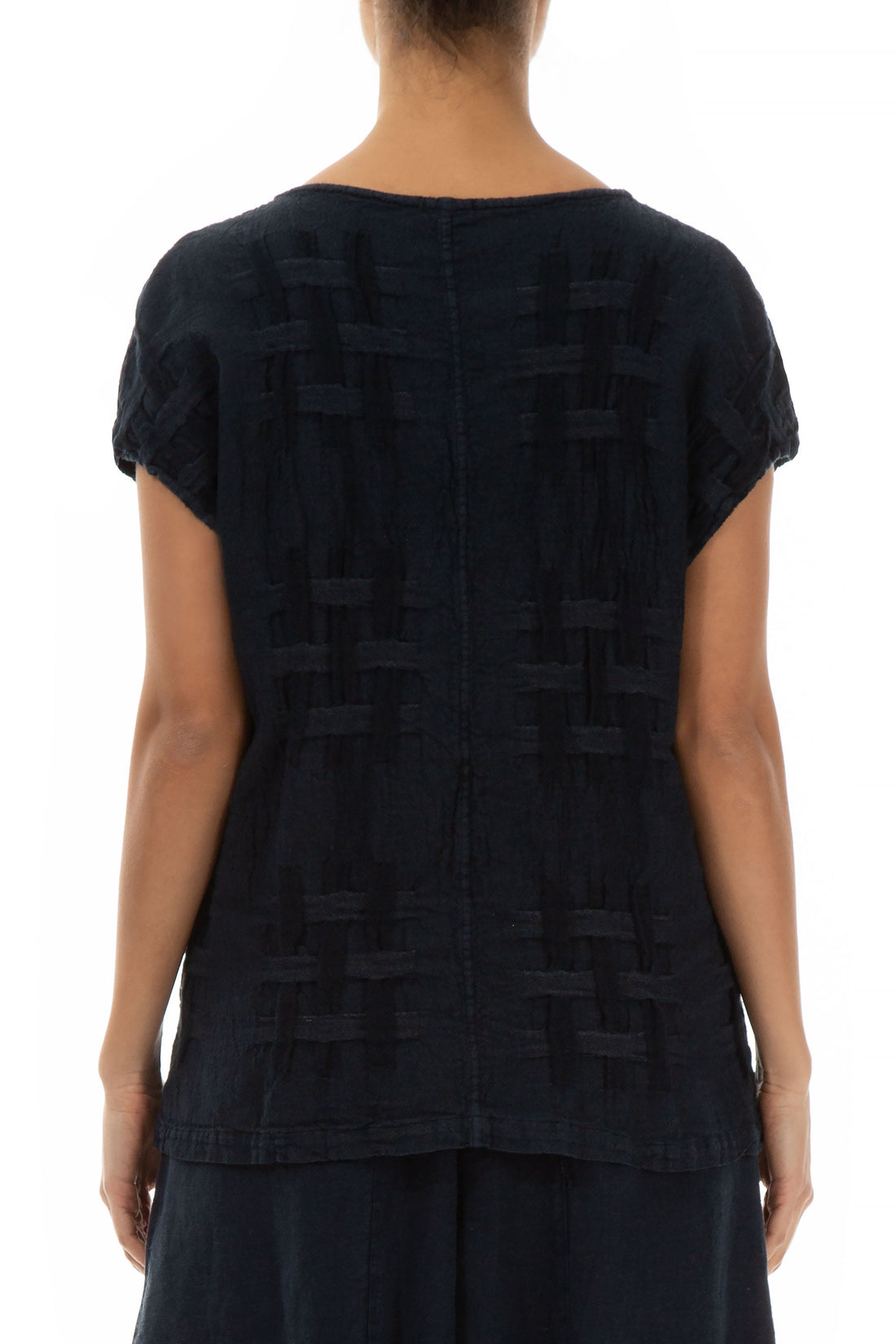 Short Sleeves Checkered Texture Midnight Blue Linen Top 2