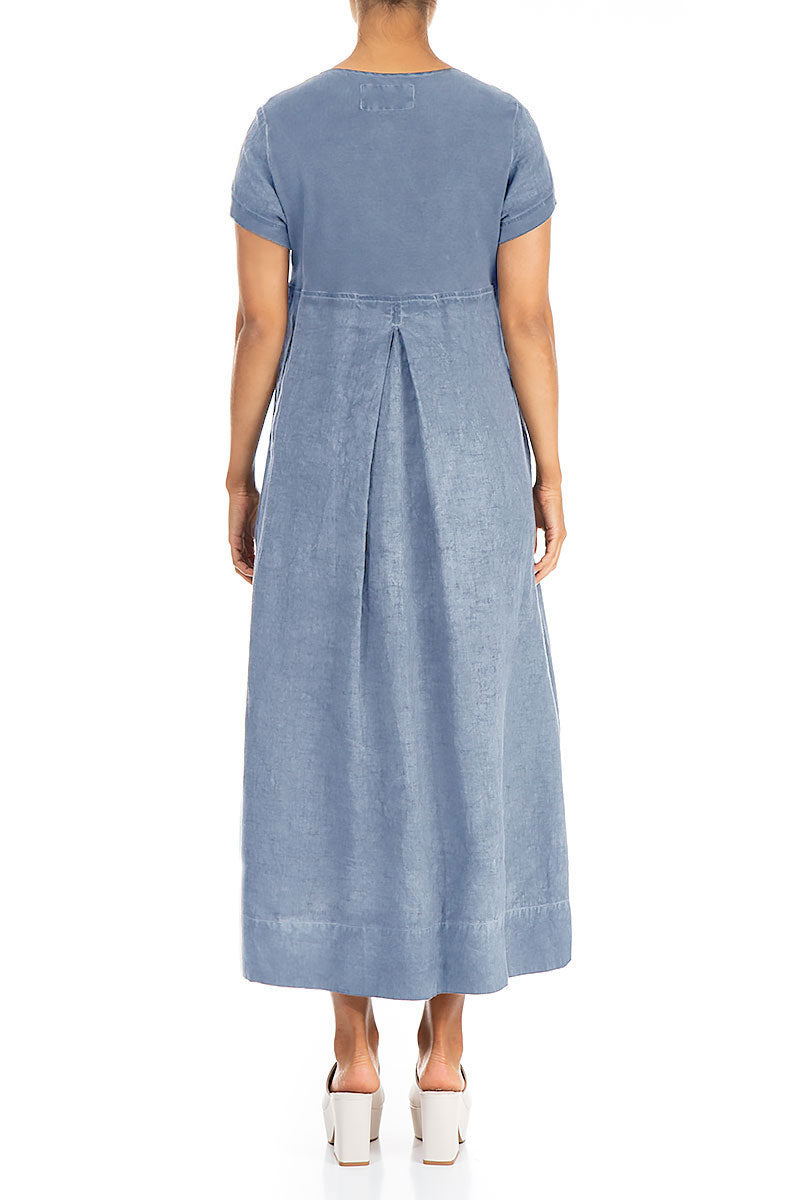 Short Sleeves Washed Out Denim Linen Dress 2