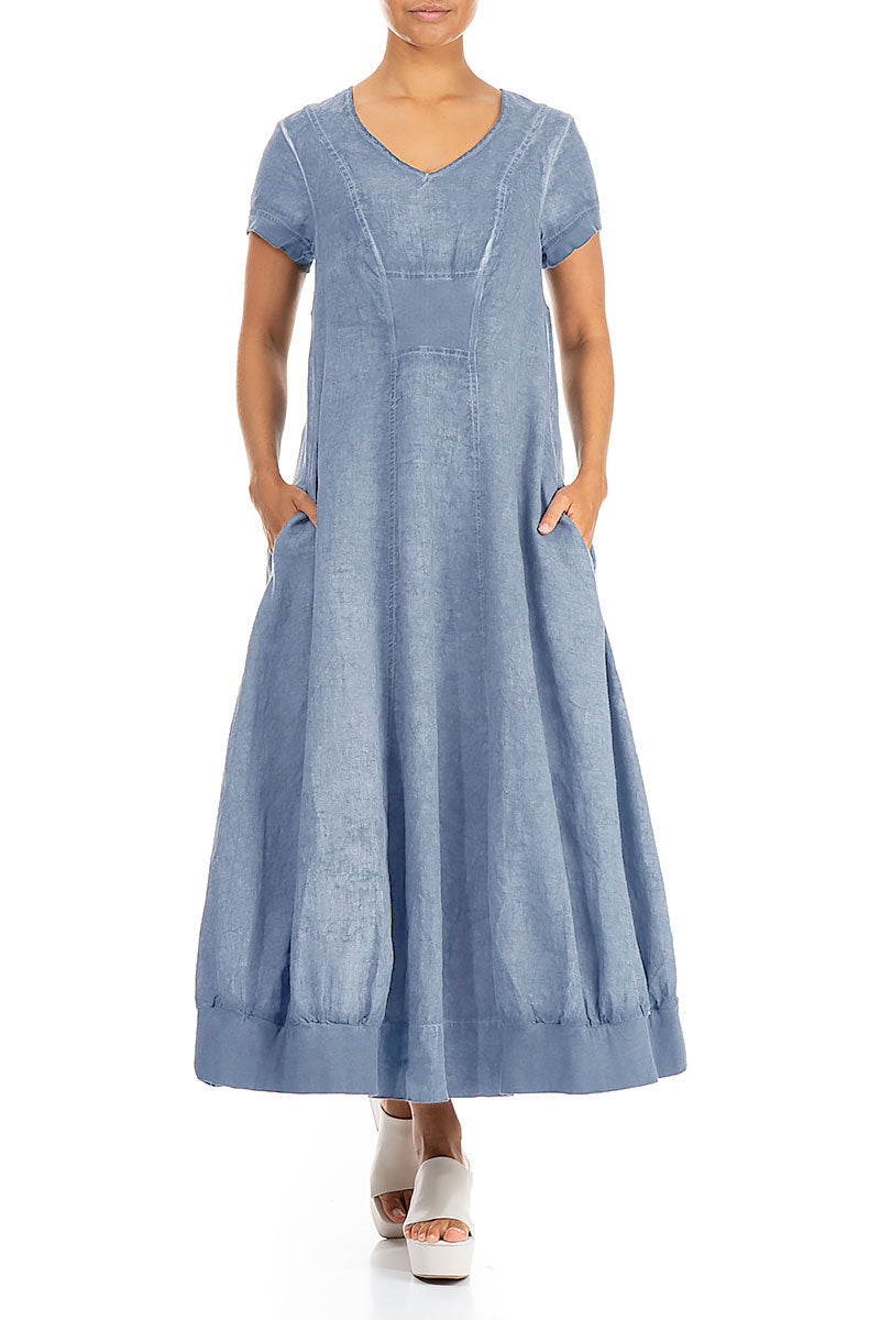 Short Sleeves Washed Out Denim Linen Dress 4