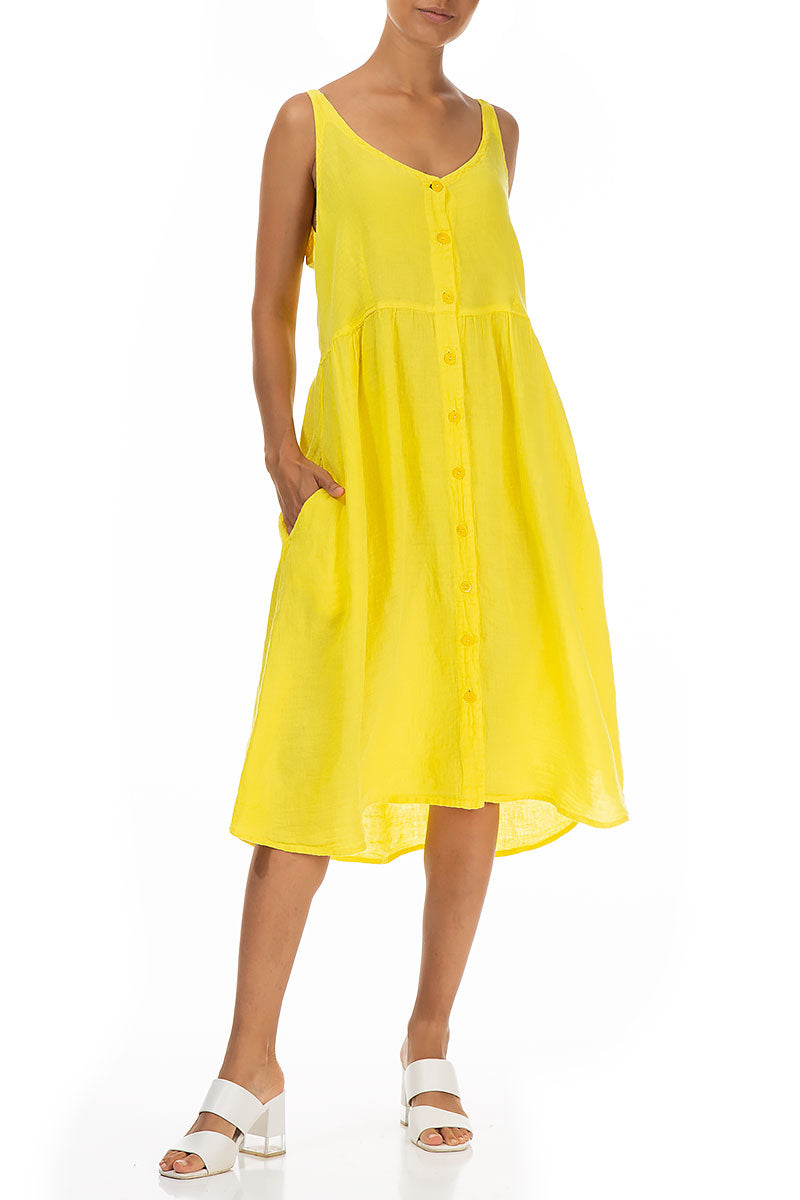 Sleeveless Buttoned Yellow Linen Dress 4