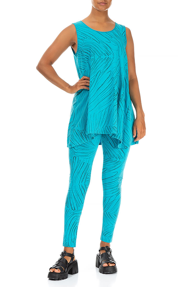 Sleeveless Feathers Bright Turquoise Cotton Tunic 4