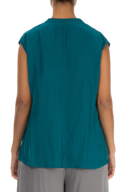Draped V-Neck Teal Silk Bamboo Blouse 2