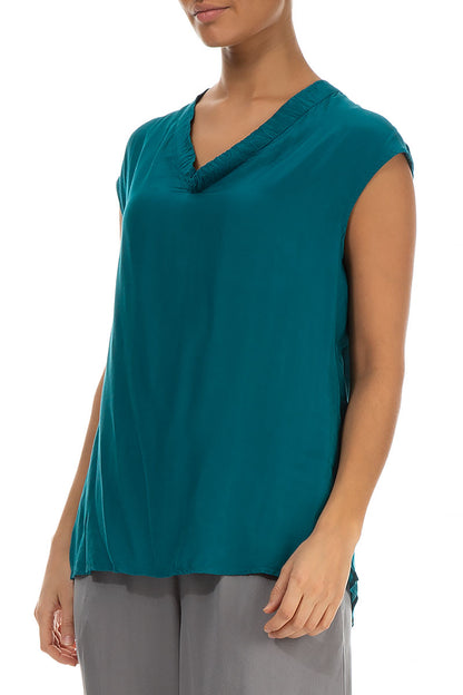 Draped V-Neck Teal Silk Bamboo Blouse 3