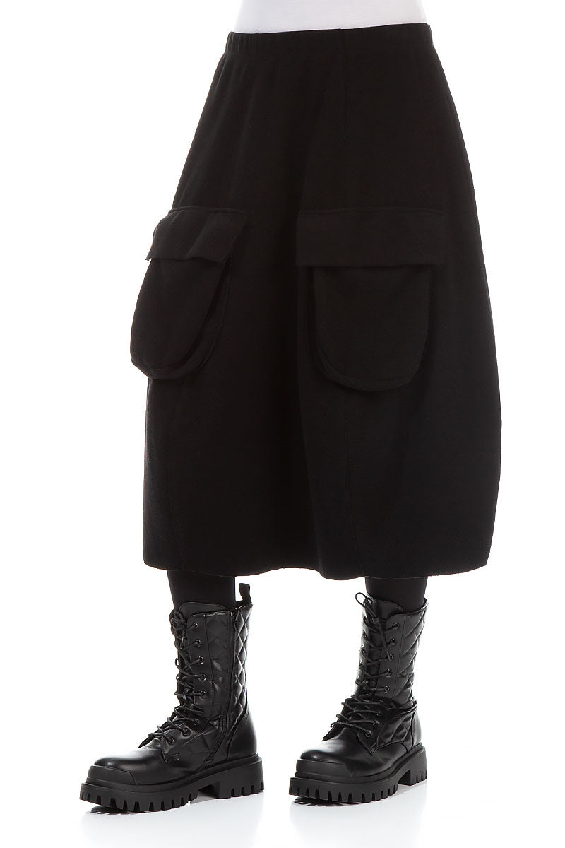 Two Pockets Black Cotton Midi Skirt 3