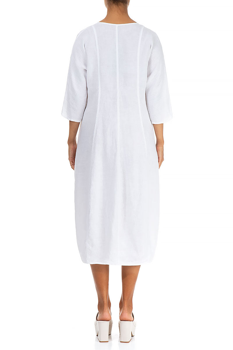 V-Neck Balloon White Linen Dress 2