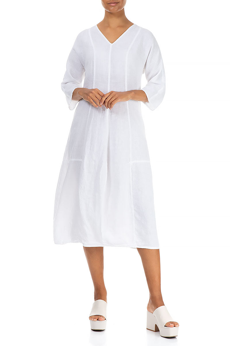 V-Neck Balloon White Linen Dress 4