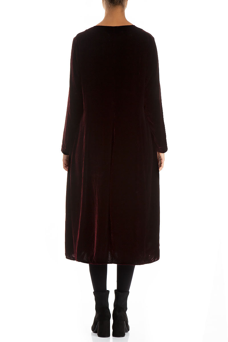 V-Neck Balloon Wine Silk Velvet Dress 2