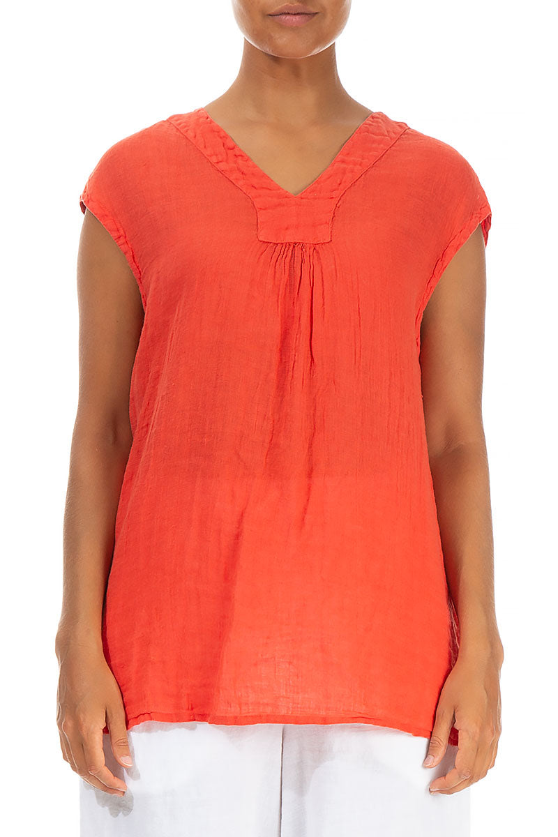 V-Neck Coral Linen Blouse 1