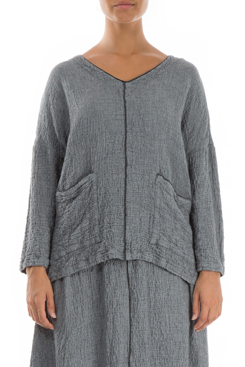 V-Neck Grey Wool Blouse 1