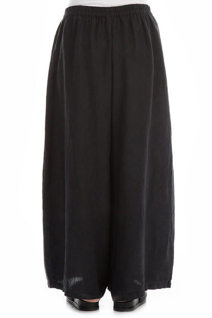 Wide Pure Black Linen Trousers 2