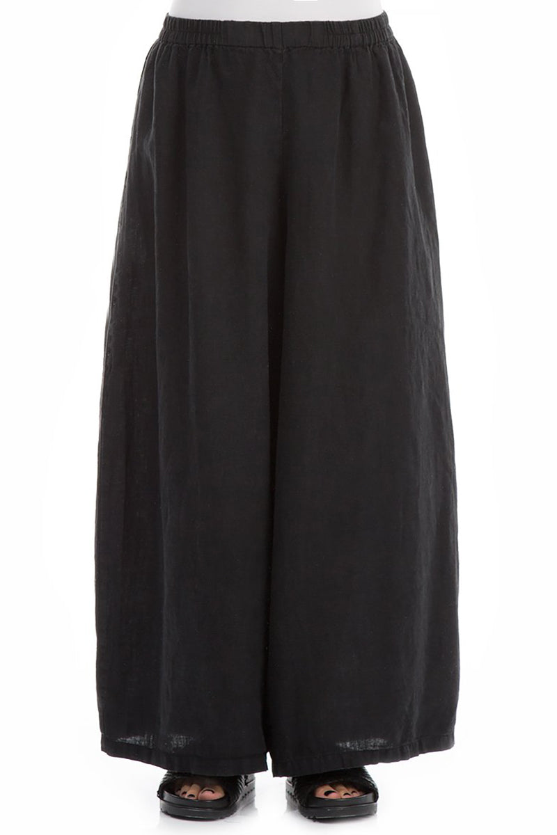 Wide Pure Black Linen Trousers 1