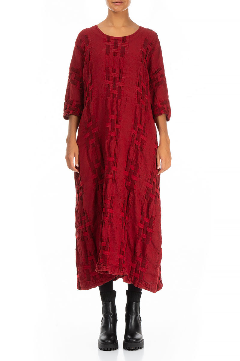 Woven Texture Red Linen Shift Dress 1
