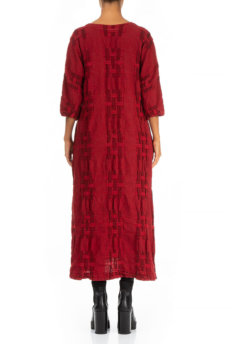 Woven Texture Red Linen Shift Dress 2
